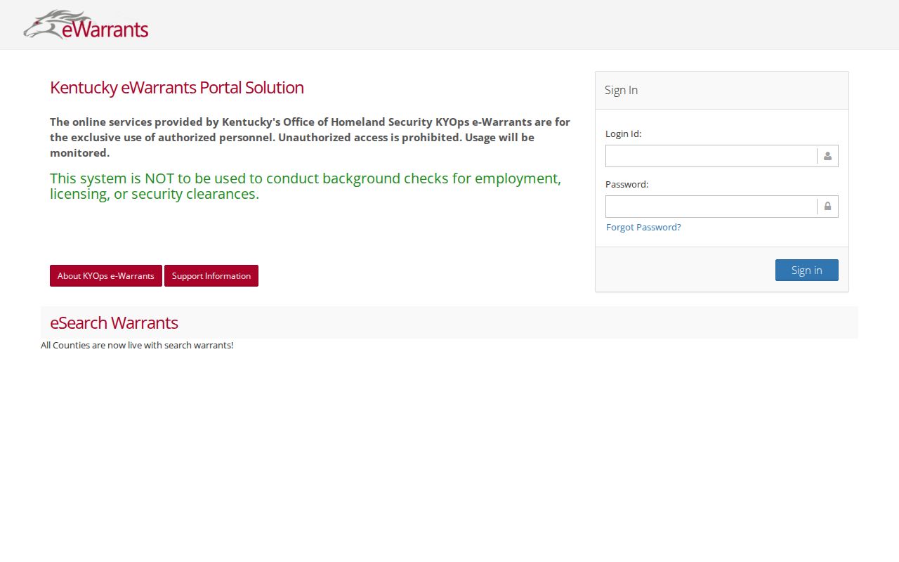 Kentucky eWarrants authorized-user landing page for Simpson County warrant records